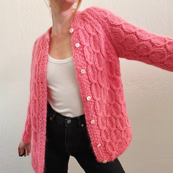 Vintage Sweaters - Vintage 1950's Italian Mohair Wool Chunky Knit Pink Cardigan Sweater